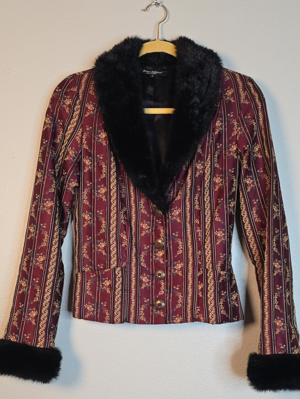 Vintage Betsey Johnson Burgundy  Floral Brocade Blazer with Black Faux Fur Trim.